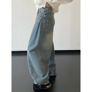 蓝色牛仔裤 sun柚 海盐椰椰 重工做旧酵洗工艺松弛阔版 子 阔腿长裤