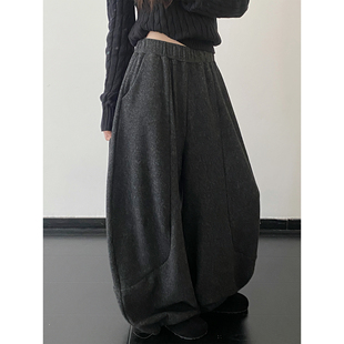 sun柚 抗冻加绒毛呢裤子质感宽松显瘦立体气球裤弯刀裤阔腿长裤