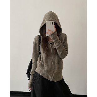 sun柚 特调色系经典基础款软薄连帽拉链针织开衫女秋薄外套