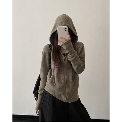软薄连帽拉链针织开衫女秋薄外套