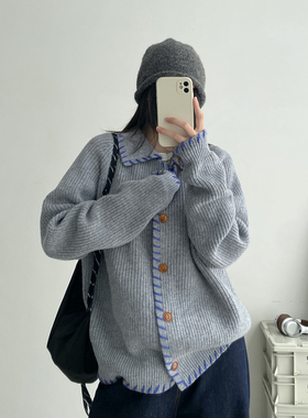 【清仓价】冰岛蓝Iceland高克重手工撞色100绵羊毛针织开衫毛衣女