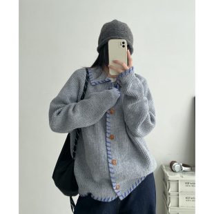 【清仓价】冰岛蓝Iceland高克重手工撞色100绵羊毛针织开衫毛衣女