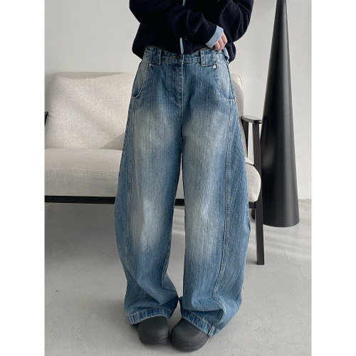 宽松弯刀牛仔裤男女阔腿新款长裤