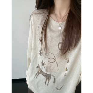 sun柚 星星木马T宽松型莱赛尔亚麻杂色游牧风复古长袖罩衫T恤女