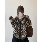 sun柚 费尔岛提花宽松百搭立领拉链外套复古休闲夹克开衫 秋冬女