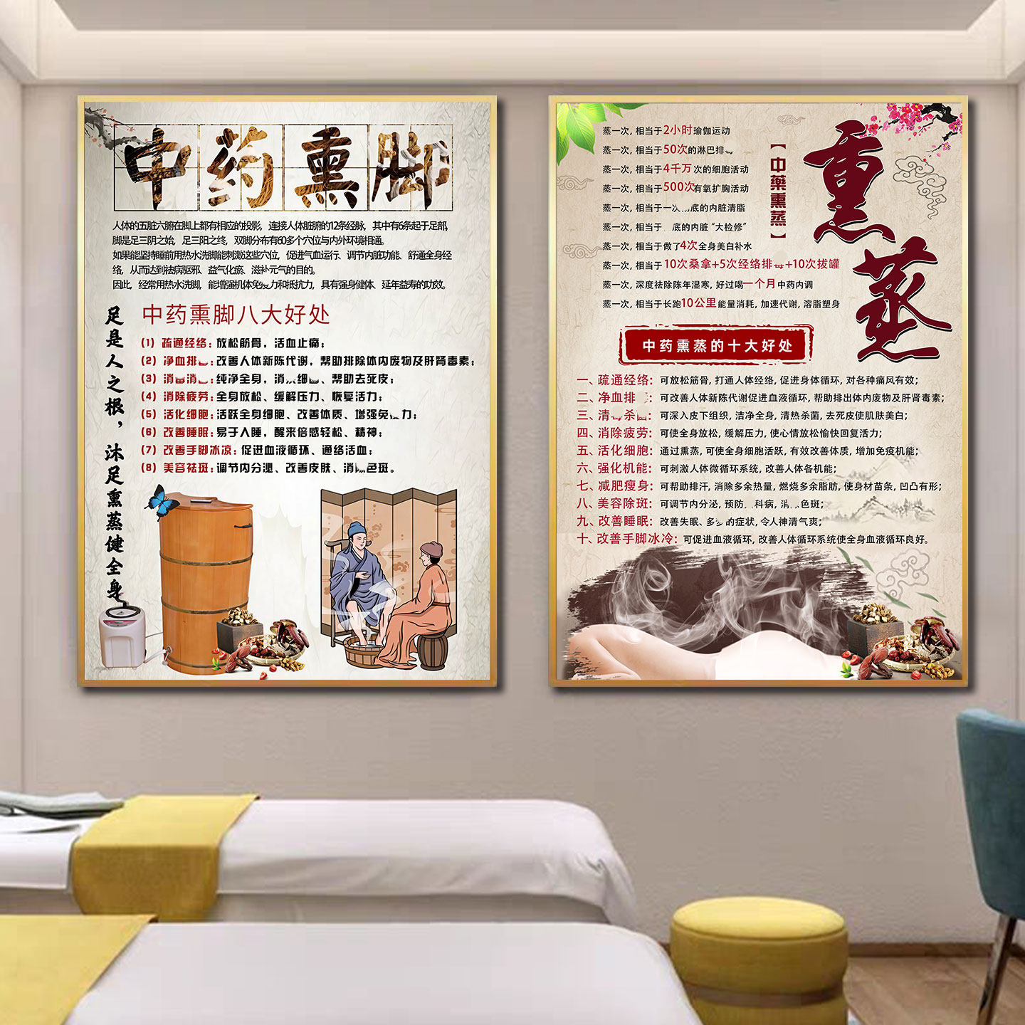 中药熏脚熏足海报腿脚熏蒸挂画汗蒸广告宣传透皮蒸疗图足疗装饰画