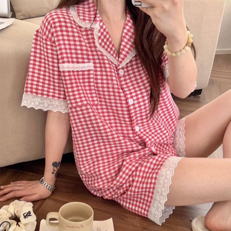 日系格子蕾丝夏季薄款睡衣女