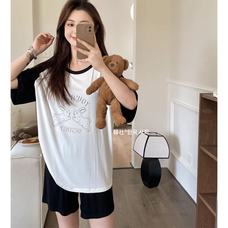 韩社莫代尔感撞色兔子套装夏季冰凉睡衣女短袖休闲舒适裸感家居服