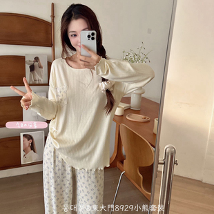 韩系甜妹蕾丝少女睡衣长袖圆领舒适外穿家居服东大门8929小熊套装