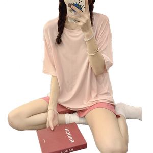 睡衣女夏季短袖凉感韩版糖果系莫代尔薄款遛弯外穿家居服自带胸垫