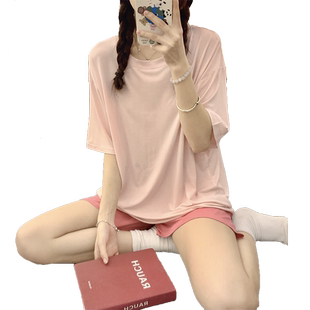 睡衣女夏季短袖凉感韩版糖果系莫代尔薄款遛弯外穿家居服自带胸垫