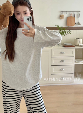 东大门8922条纹套装春秋长袖睡衣女款韩系简约圆领秋冬家居服外穿