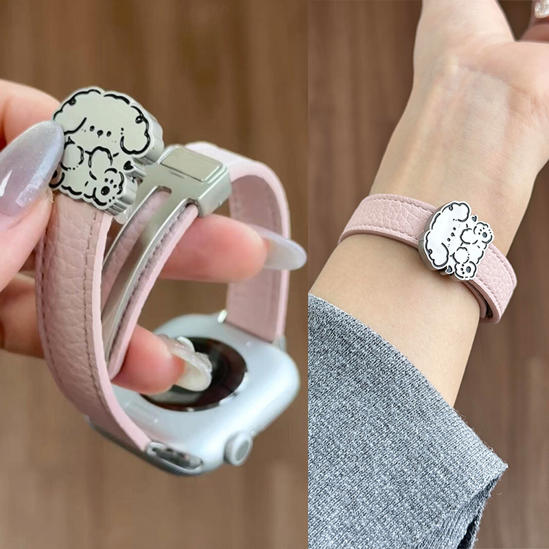 适用苹果手表iwatch10表带狗狗磁吸扣荔枝纹皮质applewatch98表带