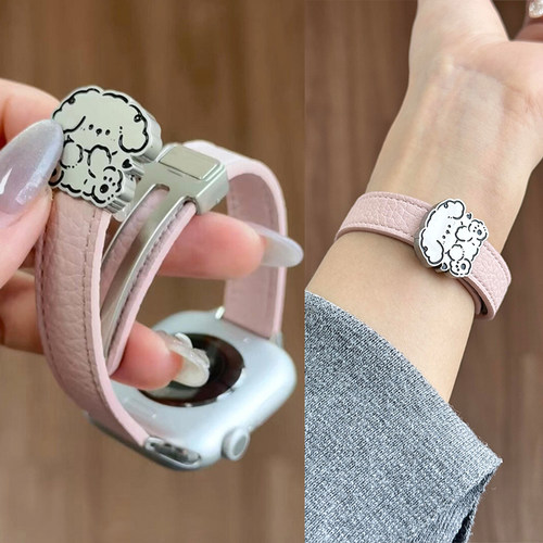 适用苹果手表iwatch10表带狗狗磁吸扣荔枝纹皮质applewatch98表带