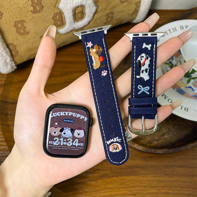 新款牛仔帆布狗狗刺绣表带
