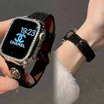 小香风皮质iwatch9表带小蛮腰山茶花适用苹果手表applewatch876se