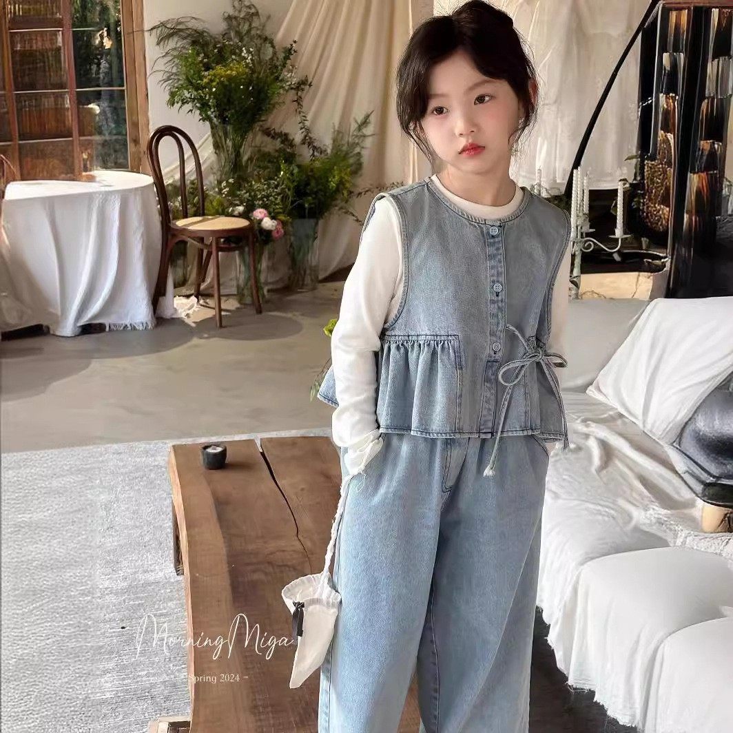 女童牛仔背心阔腿裤套装儿童白色T恤上衣韩版春夏新款休闲三件套