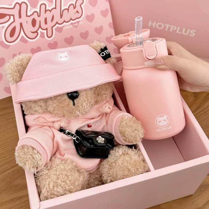 HotPlus卫衣小熊保温杯儿童吸管水杯情人节生日礼物可爱2026新款