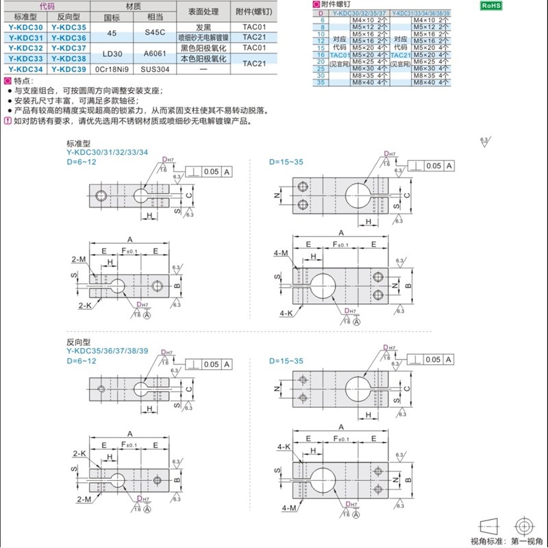 Y-KDC30/31/32/33/34-D15/D20/D25支柱固定夹垂直固定夹光轴夹座