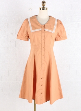 风迪品牌折扣夏季新款气质百搭淑女海军风大翻领连衣裙1A25365