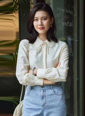 风迪品牌春季新款衬衫女简约百搭宽松通勤娃娃领时尚衬衣1B15117