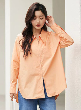 风迪春秋新款衬衫百搭宽松直筒拉链长袖通勤纯棉衬衣外套1B35141