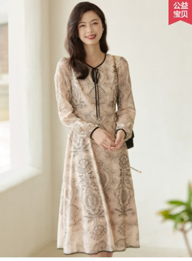 风迪品牌秋季新款连衣裙女中长款花版百搭长袖通勤茶歇裙1A35180