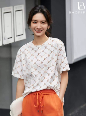 风迪品牌春秋新款女士南瓜橘印花T恤宽松百搭上衣圆领短袖1B35069