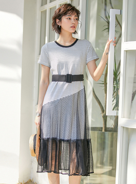 风迪品牌折扣女装夏季新款女士拼接条纹连衣裙网纱中长裙1Z25666