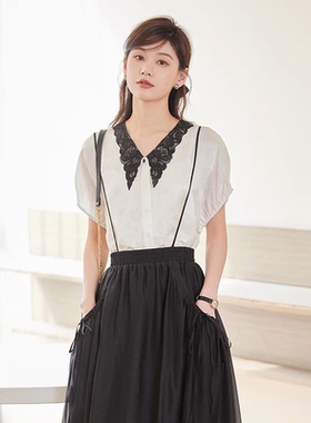 风迪夏季新款法式醋酸缎面白色衬衫女气质v领灯笼袖上衣1C25822