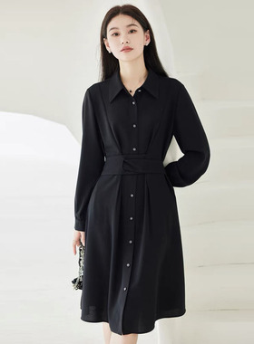 风迪春秋新款连衣裙女百搭休闲中长款收腰显瘦A字衬衫裙1C15311
