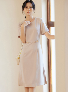 风迪品牌夏季新款连衣裙百搭休闲中长款圆领短袖开叉裙子1B25323