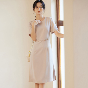 圆领短袖 连衣裙百搭休闲中长款 开叉裙子1B25323 新款 风迪品牌夏季