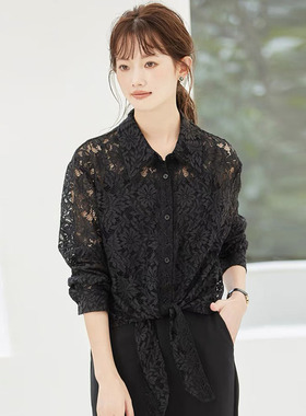 风迪春秋新款衬衫女百搭休闲蕾丝气质长袖衬衣镂空上衣潮1C15177