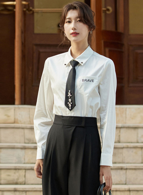 风迪品牌春季新款衬衫女士简约百搭通勤领带镶钻微弹衬衣1B15019