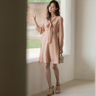 蝴蝶结薄款 连衣裙女宽松长袖 收腰A字裙1A35220 新款 风迪品牌秋季