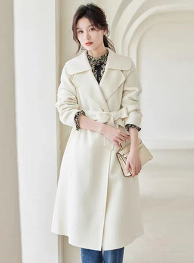 风迪冬季新款毛呢外套女百搭中长款系带双面羊毛呢大衣外套B45024