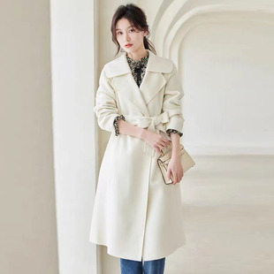 风迪冬季新款毛呢外套女百搭中长款系带双面羊毛呢大衣外套B45024