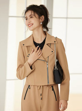 风迪春秋新款短外套百搭休闲拉链大翻领微弹气质夹克外套1C15114