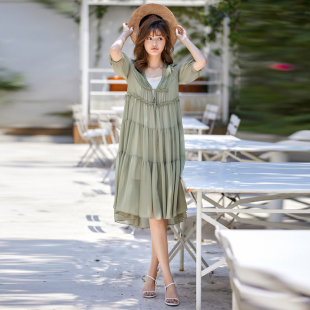 女裙中袖 风迪品牌夏季 雪纺中长款 法式 连衣裙宽松v领1Z25007 新款