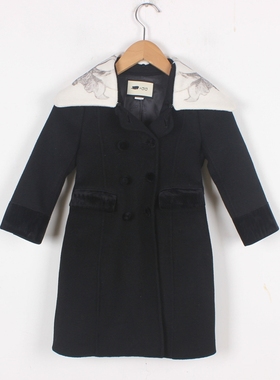 风迪童装冬季新款女童时尚绵羊毛双排扣大衣水墨收腰外套2Z49725