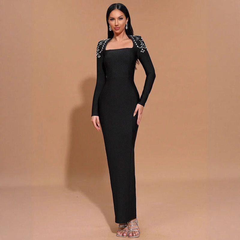 2025欧美ins重工烫钻方领收腰绷带长裙约会优雅晚宴party法式礼服