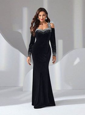 KY1788欧美亚马逊跨境黑色绒面性感名连衣裙优雅露背钉珠晚礼服