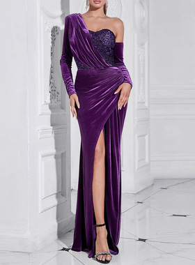 WBH10226欧美亚马逊跨境新款紫色亮片长袖修身高开叉长款连衣裙