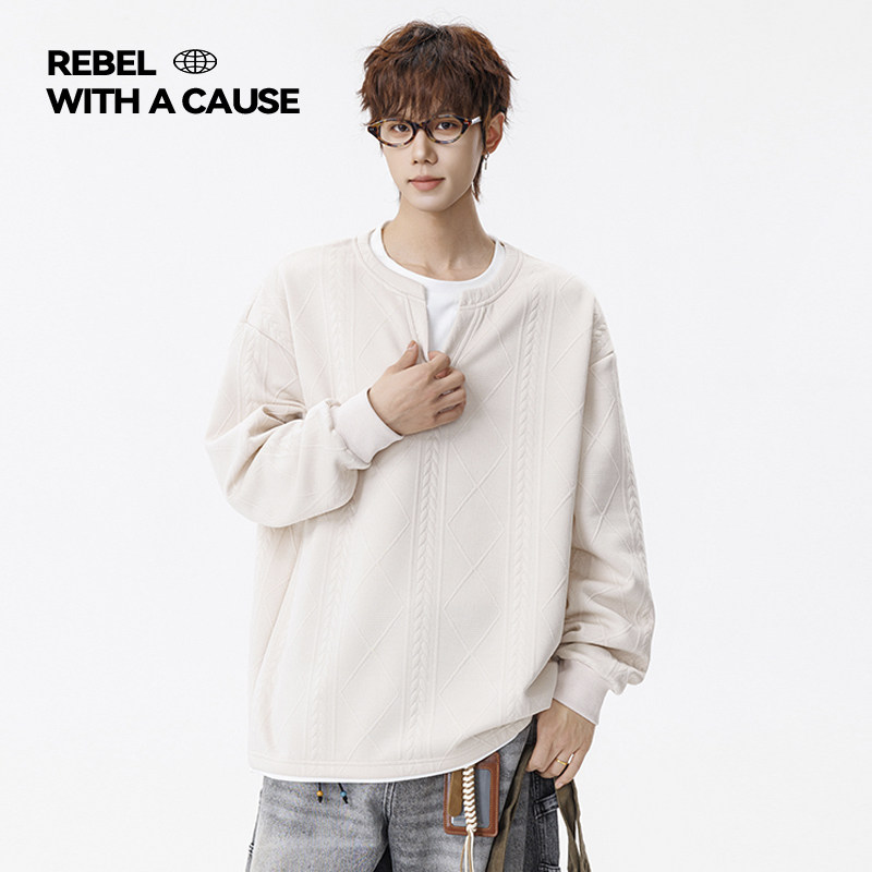 IRA2026春季新款麻花辫针织提花V领假两件卫衣男宽松圆领百搭上衣