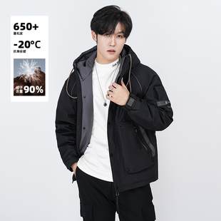 IRA【90鸭绒】2025冬季新款工装连帽羽绒服男保暖多口袋冲锋外套
