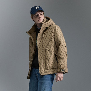 IRA韩版工装口袋羽绒服男连帽保暖外套防风时尚老花印花短款新款