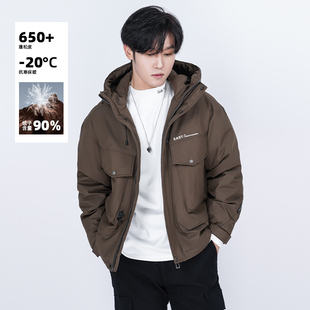 IRA【90鸭绒】2025冬季新款工装风连帽短款羽绒服男加厚保暖外套