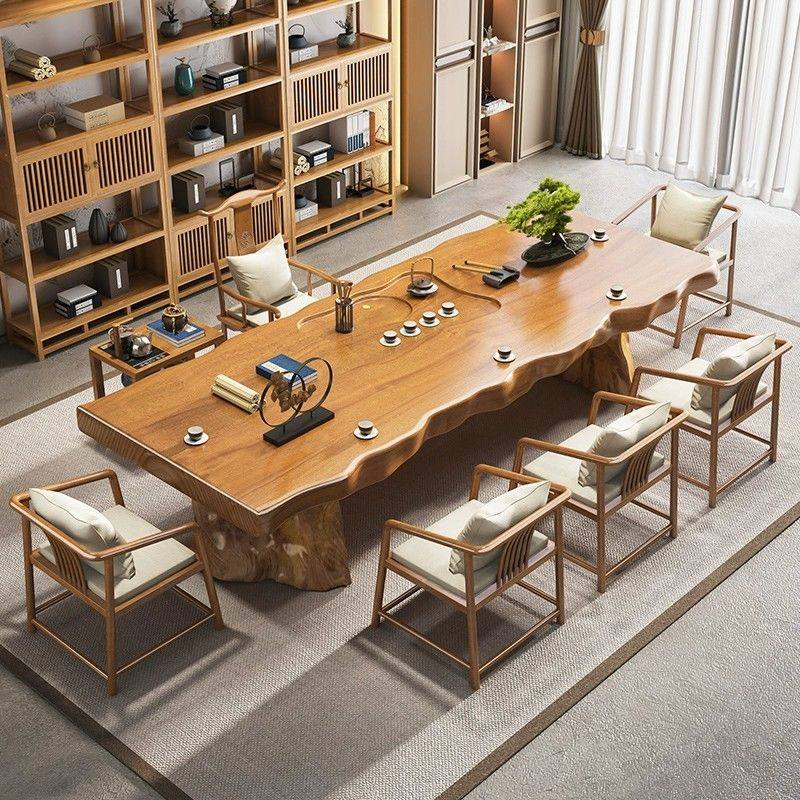 新中式整板实木大板茶桌椅组合现代简约禅意办公室客厅原木茶台