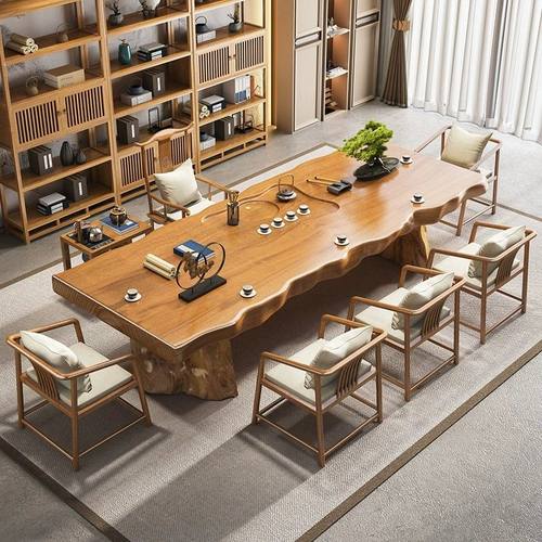 新中式整板实木大板茶桌椅组合现代简约禅意办公室客厅原木茶台